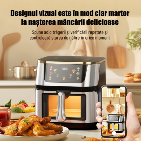 Friteuză cu aer cald Air Fryer, 10L, 1400W, DEPOX®, ecran tactil LCD, geam vizual, temperatură reglabilă, timer, inox, negru [4]