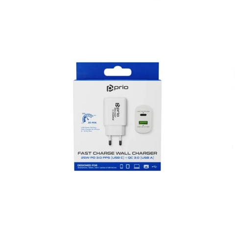 Încărcător Prio Fast Charger 25W PD PPS (USB C) + QC 3.0 (USB A), Alb [4]
