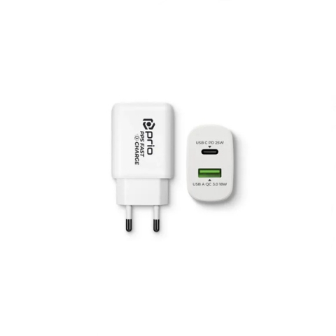 ELECTRONICE - Încărcător Prio Fast Charger 25W PD PPS (USB C) + QC 3.0 (USB A), Alb