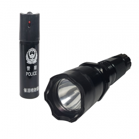 SPORT & TIMP LIBER - Kit autoaparare format din lanterna cu electrosoc si spray lacrimogen, metalic, negru