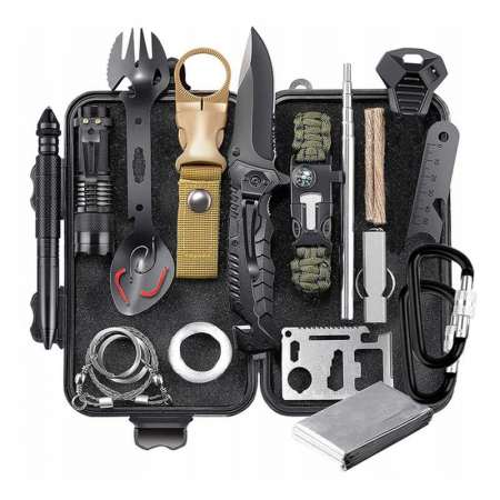 Accesori camping & drumetii - Kit de supravietuire IdeallStore®, Savivour Master, 20 elemente multifunctionale, negru