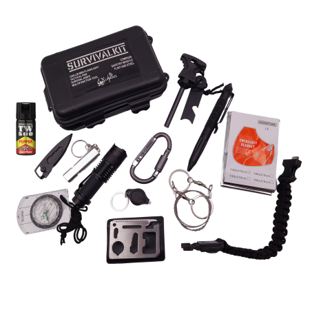 Accesori camping & drumetii - Kit supravietuire IdeallStore®, On Point, 13 elemente multifunctionale, negru