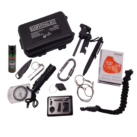 Accesori camping & drumetii - Kit supravietuire IdeallStore®, True Saviour, 13 elemente multifunctionale, negru