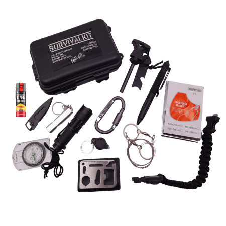 Accesori camping & drumetii - Kit supravietuire IdeallStore®, Help Society, 13 elemente multifunctionale, negru