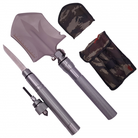 Accesori camping & drumetii - Lopata multifunctionala IdeallStore®, Hunting Society, 8 in 1, otel inoxidabil, 62 cm, argintiu