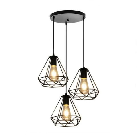 Corpuri de iluminat - Lustra vintage cu 3 pendule, 3x40W, Neagră, Lumină Caldă/Rece/Naturală