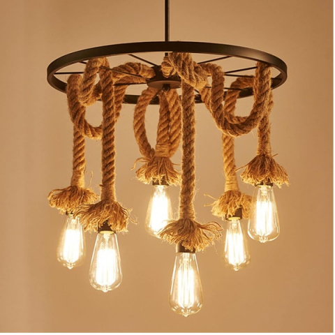 Lustră candelabru suspendată, industrial vintage, frânghie de cânepă, 6 x E27 [4]