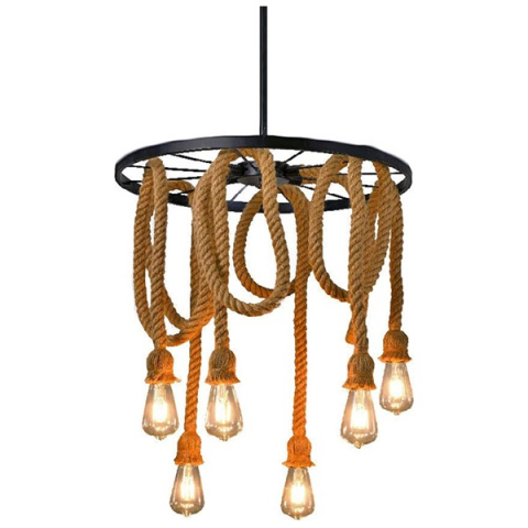 Corpuri de iluminat - Lustră candelabru suspendată, industrial vintage, frânghie de cânepă, 6 x E27