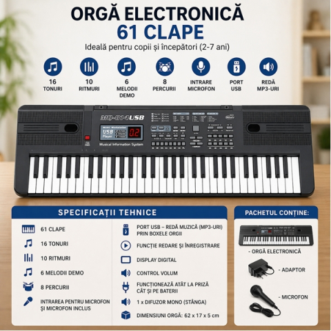 Orga electronica DEPOX®, 61 clape, Mp3, USB, Microfon, Claviatura, Negru [3]
