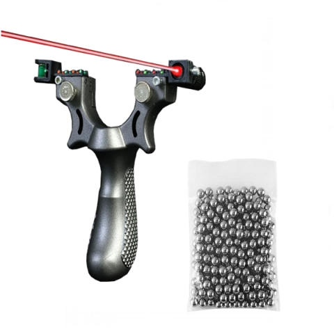 Prastii profesionale de vanatoare - Pachet prastie cu laser si 100 de bile metalice 10 mm, 11.5 cm, cu boloboc, argintiu