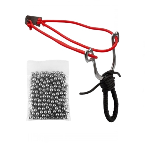 Prastii profesionale de vanatoare - Pachet prastie metalica si 100 bile metalice, snur, negru, 15 cm