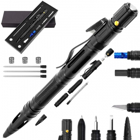 Accesori camping & drumetii - Pix tactic IdeallStore®, Comando Corps, multifunctional, aluminiu, 15.5 cm, negru
