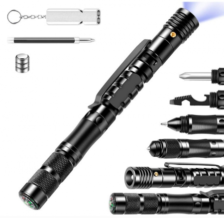 Accesori camping & drumetii - Pix tactic IdeallStore®, Comando Specialist, multifunctional, aluminiu, 13.5 cm, negru