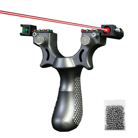 Prastii profesionale de vanatoare - Set prastie cu laser si 100 de bile metalice 11 mm DEPOX®, plastic, 11.5 cm, cu boloboc, argintiu