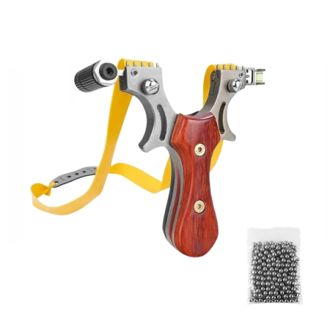 Prastii profesionale de vanatoare - Set prastie metalica cu laser si bile metalice 12 mm DEPOX®, 11.5 cm, cu boloboc, maner lemn, maro