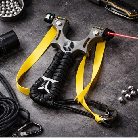 Praștie de precizie din rasina cu laser, 2 elastice de rezervă, 11 cm, negru [4]