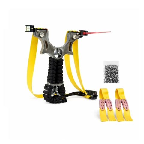 Prastii profesionale de vanatoare - Set praștie de precizie din rasina cu laser si 110 bile metalice 8 mm, DEPOX®, 2 elastice de rezervă, 11 cm, negru