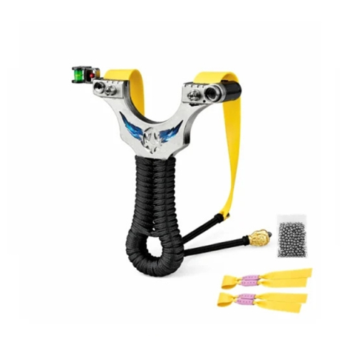 Prastii profesionale de vanatoare - Set praștie de precizie metalica cu laser si vizor si 100 de bile metalice 11 mm, DEPOX®, 2 elastice de rezervă, 12  cm, negru