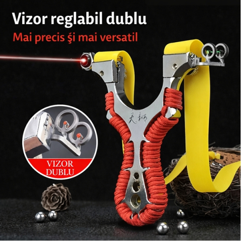 Set praștie multifuncțională cu laser si 50 bile din sticla 14 mm, DEPOX®, metal, 2 elastice de rezervă, rosu [5]