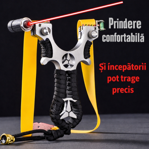 Set praștie de precizie multifuncțională cu laser si 100 de bile metalice 10 mm, DEPOX®, metal, 2 elastice de rezervă, negru, 11 cm [8]