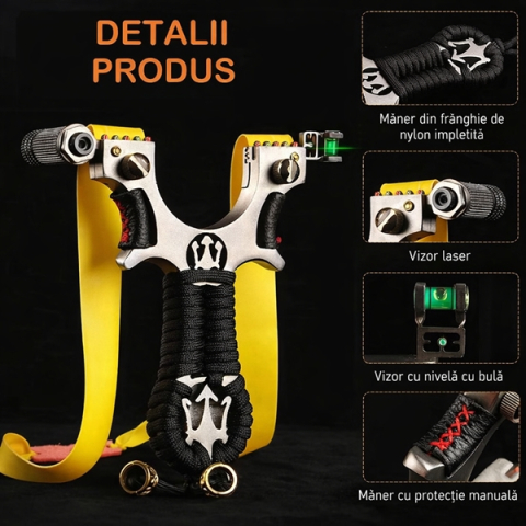 Praștie de precizie multifuncțională cu laser, metal cu vizor optic, 2 elastice de rezervă, 11 cm, negru [10]