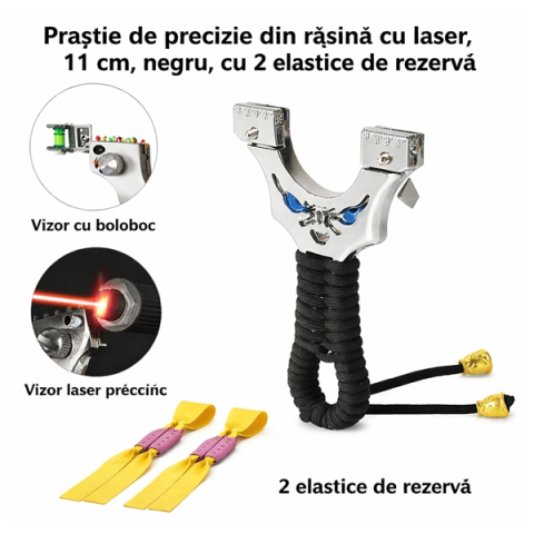 Set praștie de precizie metalica cu laser si vizor si 100 de bile metalice 9 mm, DEPOX®, 2 elastice de rezervă, 12  cm, negru [7]