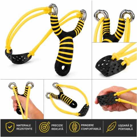 Set doua praștii din aliaj cu benzi elastice DEPOX®, mâner ergonomic, 13 cm, galben/albastru [8]