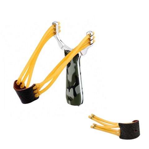 VANATOARE, DRUMETII & CAMPING - Set praștie metalică si banda elastica de rezerva DEPOX®, maner camuflaj, 14.5 cm