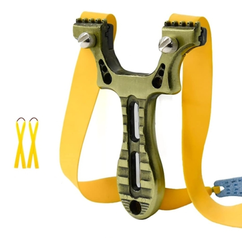 SPORT & TIMP LIBER - Praștie multifuncțională, DEPOX®, metal, 2 elastice de rezervă, verde, 11 cm