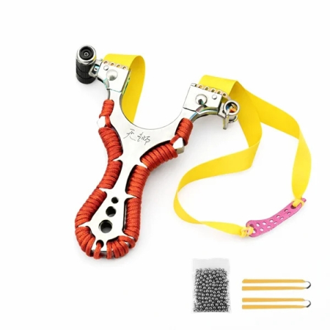 Prastii profesionale de vanatoare - Set praștie multifuncțională cu laser si 100 bile metalice 12 mm, DEPOX®, metal, 2 elastice de rezervă, rosu