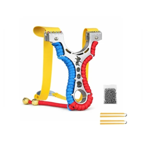 Prastii profesionale de vanatoare - Set praștie multifunctionala si 100 bile metalice 6 mm, DEPOX®, metal, 2 elastice de rezervă, rosu/albastru, 11 cm