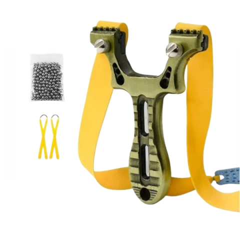 Prastii profesionale de vanatoare - Set praștie multifuncțională si 100 de bile metalice 9 mm, DEPOX®, metal, 2 elastice de rezervă, verde, 11 cm