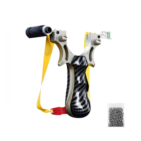 VANATOARE, DRUMETII & CAMPING - Set praștie profesională cu 3 zgarciuri si 100 bile metalice 9 mm DEPOX®, maner imitatie carbon, 12 cm