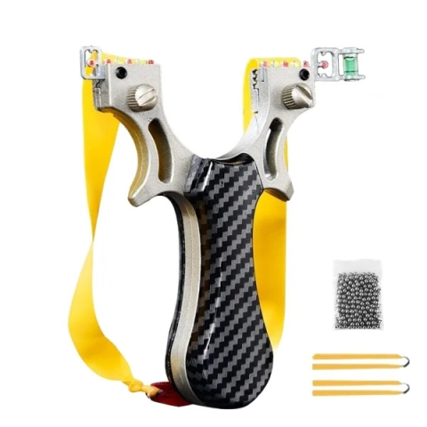 Prastii profesionale de vanatoare - Praștie profesională din aluminiu si 100 bile metalice 9 mm, DEPOX®, mâner ergonomic imitatie carbon, prindere rapidă, 12 cm