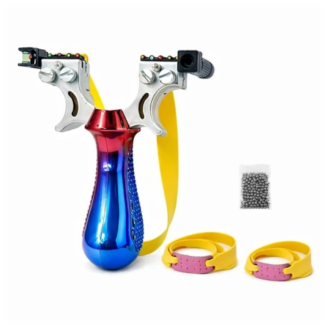 Prastii profesionale de vanatoare - Set praștie profesională metalica cu laser si 100 bile metalice 7 mm DEPOX®, pentru vânătoare și tir outdoor, rosu/albastru, 11.5 cm
