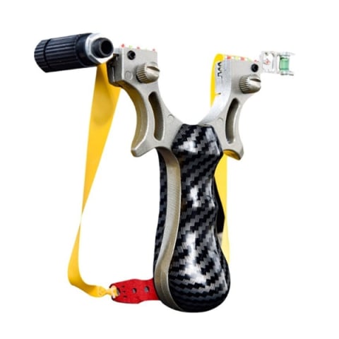 Prastii profesionale de vanatoare - Praștie profesională metalică cu 3 zgarciuri, maner imitatie carbon, 12 cm