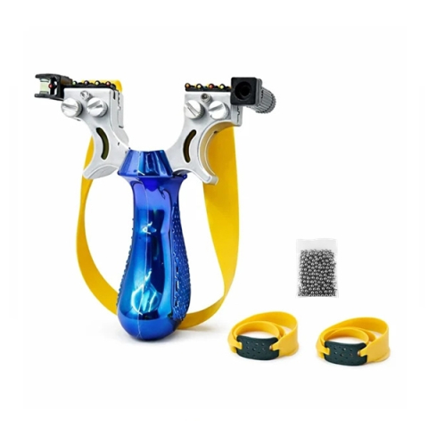 Prastii profesionale de vanatoare - Set praștie profesională PVC cu laser si 100 bile metalice 6 mm, DEPOX®, pentru vânătoare și tir outdoor, albastru, 11.5 cm