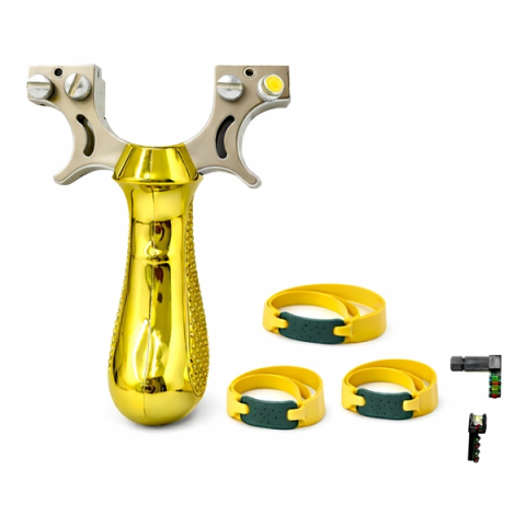 Set praștie profesională PVC cu laser si 110 bile metalice 8 mm DEPOX®, pentru vânătoare și tir outdoor, galben, 11.5 cm [2]