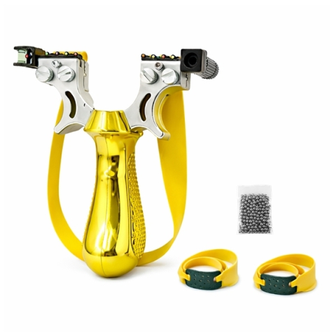 Prastii profesionale de vanatoare - Set praștie profesională PVC cu laser si 100 bile metalice 6 mm DEPOX®, pentru vânătoare și tir outdoor, galben, 11.5 cm