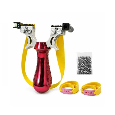 Prastii profesionale de vanatoare - Set praștie profesională PVC cu laser si 110 bile metalice 8 mm, DEPOX®, pentru vânătoare și tir outdoor, rosu, 11.5 cm