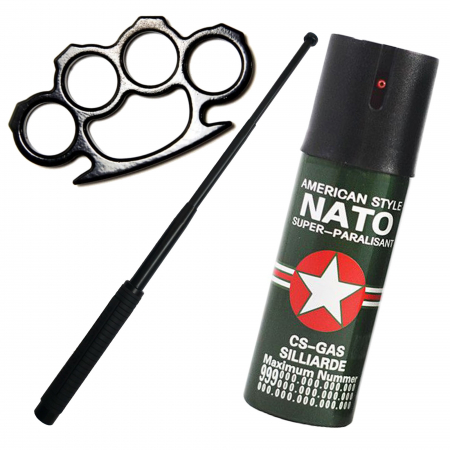 Seturi & accesorii autoaparare - Kit autoaparare baston telescopic din otel, 64 cm, 4 sectiuni, box si spray paralizant Nato