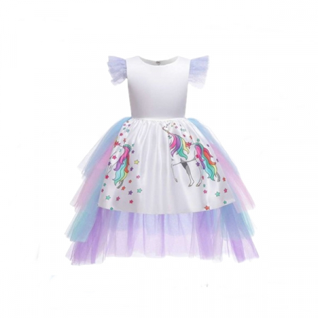 Costume si seturi pentru copii - Rochie Unicorn cu trena detasabila, Alb, 3-5 ani, 100-110 cm