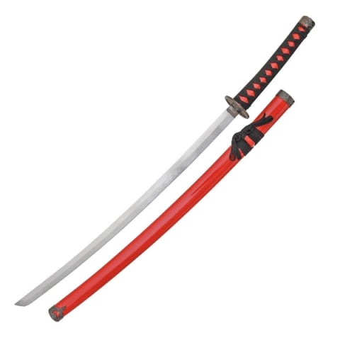 Accesorii decorative - Sabie katana decorativa DEPOX®, panoplie, rosu, metal, 51.5 cm, suport inclus
