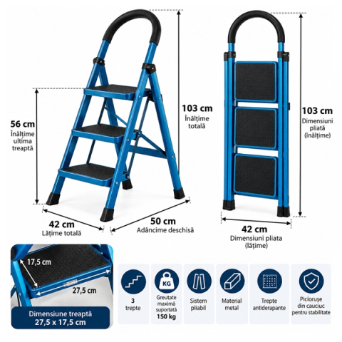 Scara pliabila metalica 3 trepte, DEPOX®, antiderapanta, compacta, turcoaz, 103 cm [3]
