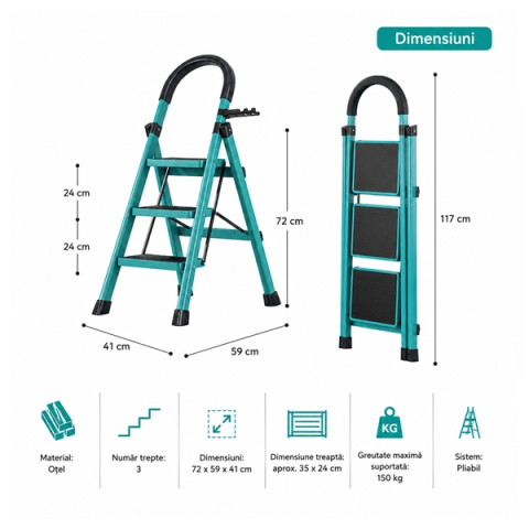 Scara pliabila metalica 3 trepte, DEPOX®, antiderapanta, compacta, albastru, 125 cm [3]