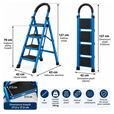 Scara pliabila metalica 4 trepte, DEPOX®, antiderapanta, compacta, turcoaz, 127 cm [3]