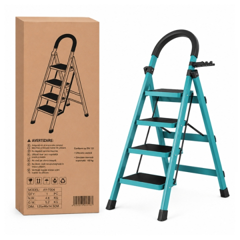 Scara pliabila metalica 4 trepte, DEPOX®, antiderapanta, compacta, albastru, 145 cm [1]