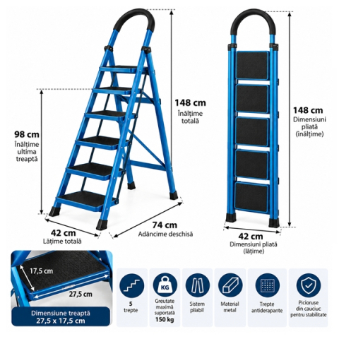 Scara pliabila metalica 5 trepte, DEPOX®, antiderapanta, compacta, turcoaz, 148 cm [3]