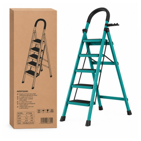 Scara pliabila metalica 5 trepte, DEPOX®, antiderapanta, compacta, albastru, 165 cm [2]