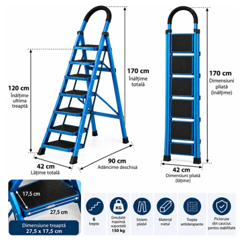 Scara pliabila metalica 6 trepte, DEPOX®, antiderapanta, compacta, turcoaz, 170 cm [3]